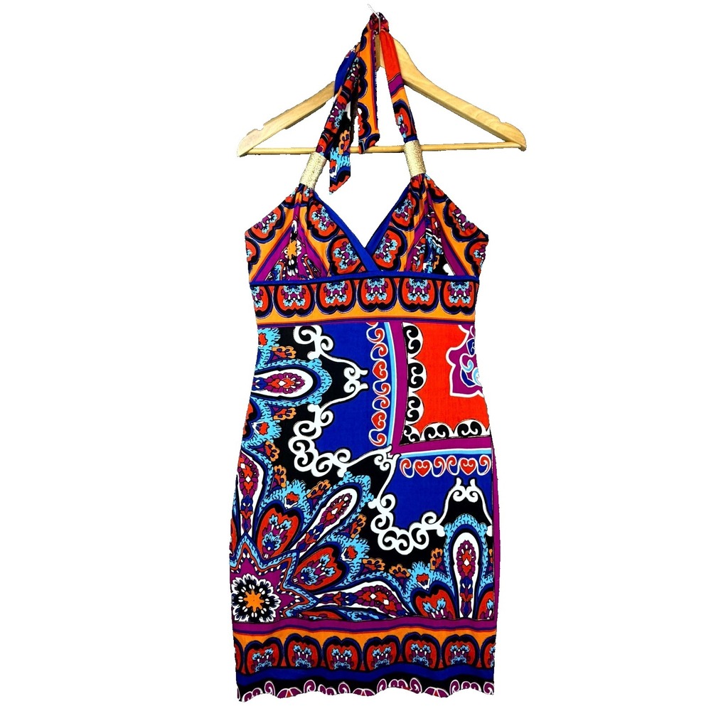 Cache Cache Mini Dress Womens 4 Bold Paisley Stretch Halter Neck Beach Cocktail